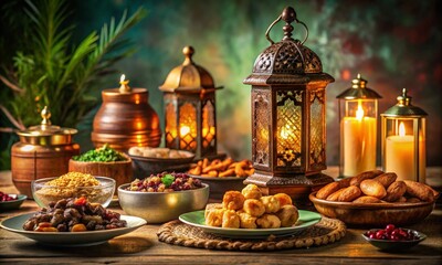 Ramadan iftar table setup with traditional food and lanterns, festive mood