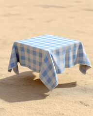 Summer Blue Gingham Tablecloth on Sandy Beach Square Table Setting