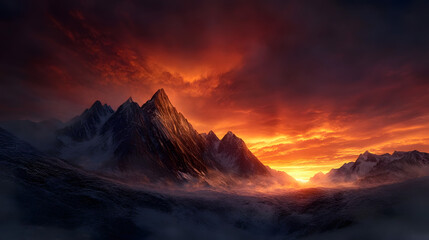 Naklejka premium A dramatic winter scene with towering mountain peaks, covered in a thick blanket of snow, standing tall against a vibrant orange and pink sunset sky.