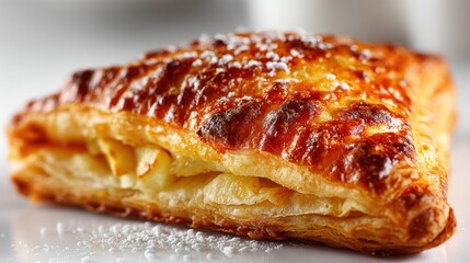 a close-up of a freshly baked apple turnover with a golden flaky crust on a white isolated background, warm and delicious design