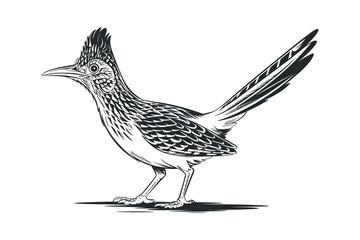 Monochrome Greater Roadrunner Illustration With Detailed Feathering Standing Tall And Sharp Artistic Black And White Render Isolated
