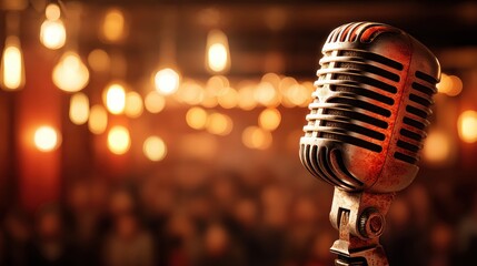 Vintage microphone on stage with warm golden lights background bar show club blur retro music audio