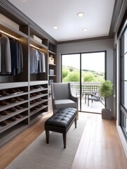 Fototapeta premium Modern Walk In Closet Design - Luxurious walk in closet with ample shoe and clothing storage, featuring natural light and a comfortable seating area