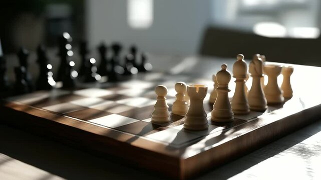 Close-Up of Chess Board Mid-Game with Dramatic Shadows