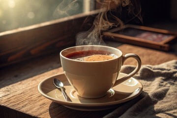 Warm Cup of Tea With Steam by a Sunny Window Generative AI
