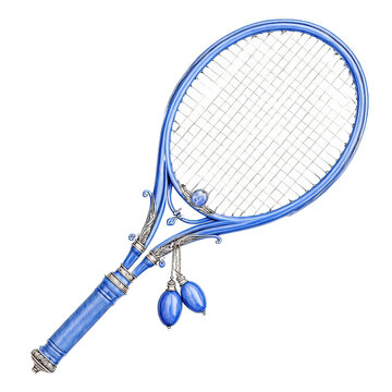 Artistic blue tennis racket drawing on white embodies rebg 783 style