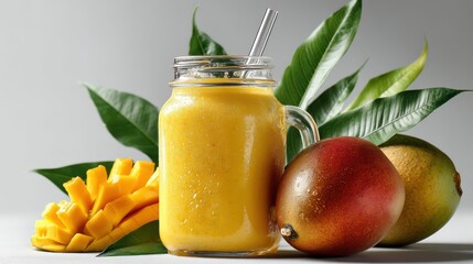 a fresh and vibrant mango smoothie in a mason jar with a straw on a white isolated background, tropical and refreshing design