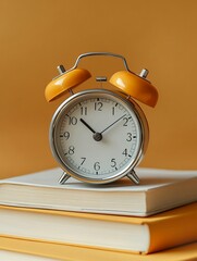 Timeless education: A classic alarm clock atop stacked books symbolizes learning