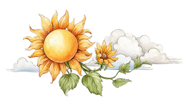 rebg 803 shows whical sunflowers against soft watercolor clouds.