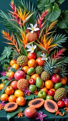 Fototapeta premium Tropical fruit arrangement with bright flowers and lush greenery