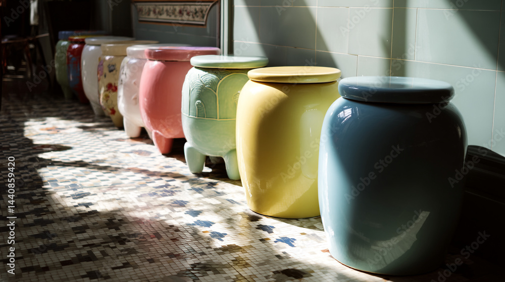 Aufkleber a row of colorful ceramic stools with lids on a patterned floor near a wall with sunlight shining on
