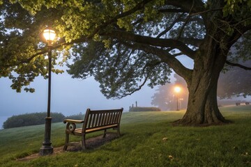 Quiet Bench Under a Tree Beside a Lamp Post at Dusk Generative AI