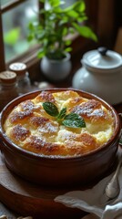 Freshly baked bread pudding with mint garnish resting on a wooden table by a sunny window
