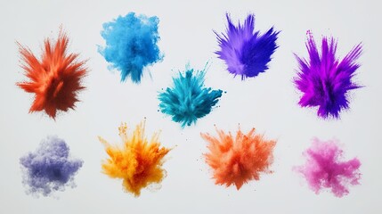 Various vibrant color powder explosions isolated on a white background in a studio setting scene