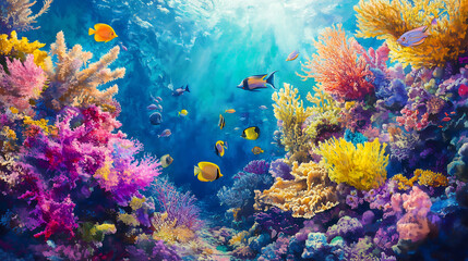 Fototapeta premium Colorful Underwater Coral Reef, Vibrant Marine Life Scene