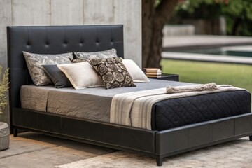 Fototapeta premium Elegant Black Bed With Decorative Pillows Outdoors Generative AI