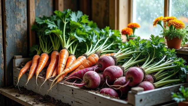 Freshly harvested carrots and beets in rustic wooden crate by window