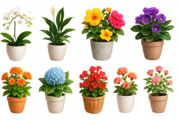 PNG potted flower set with blooming colorful houseplants isolated on transparent background. Concept of spring floral decor, indoor plant clipart, garden design elements, botanical illustration