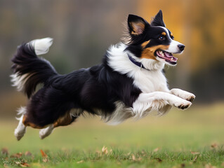 Fototapeta premium Energetic Border Collie in Mid-Leap, Jumping Dog in Autumn Field