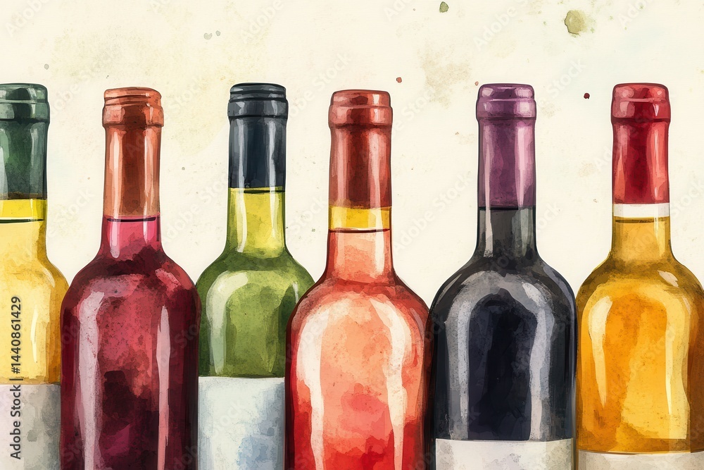 Aufkleber an artistic rendering of six wine bottles in a row with varying colors and label designs displayed n