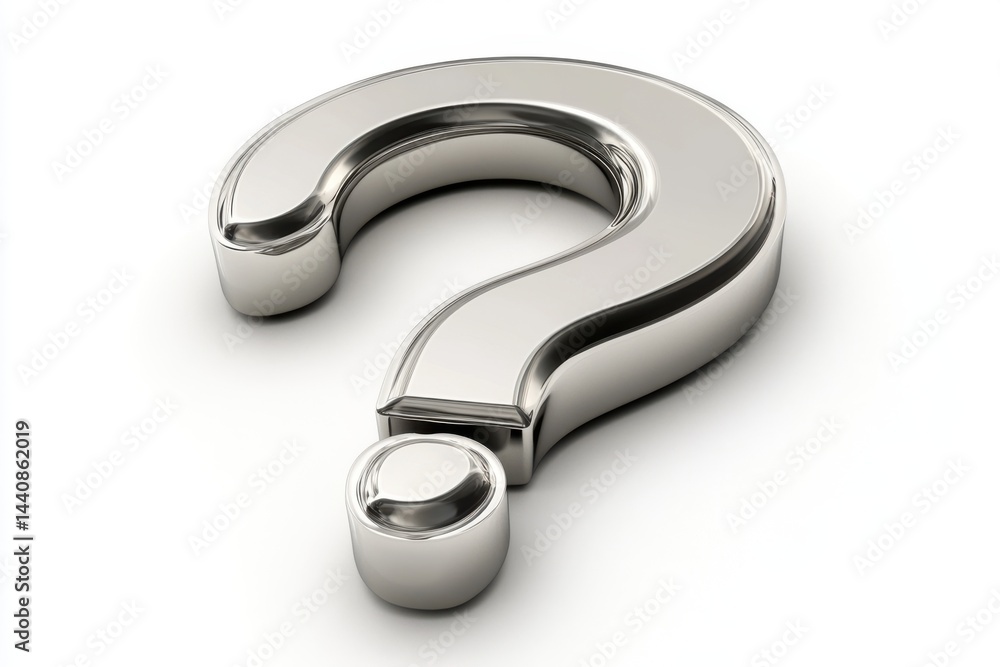 Poster a gleaming silver question mark casting a shadow on a plain white surface with soft lighting