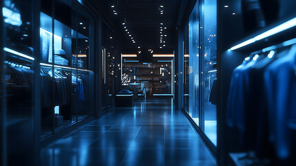 A futuristic clothing store with blue lighting