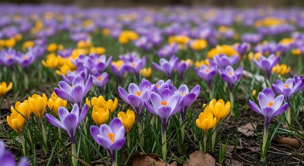 Crocus Flowers Blooming in Spring Meadow with Yellow and Purple Blossoms