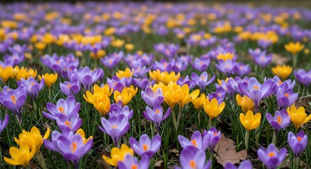 Crocus Field in Spring with Purple and Yellow Flowers Blooming