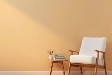 Stylish interior corner with mid-century modern armchair, warm beige wall, wooden side table with books and ceramic vase, soft light