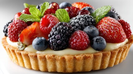 a beautiful and colorful fruit tart with a buttery crust and an array of fresh berries on a white isolated background, sweet and vibrant design