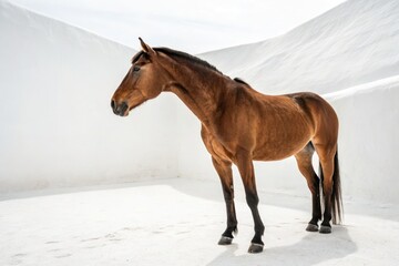 Obraz premium Brown Horse Standing Gracefully on a White Floor Generative AI