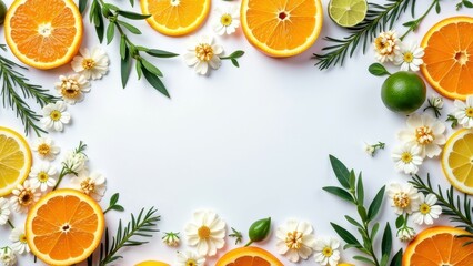 Fresh citrus and floral arrangement with oranges and limes on white background