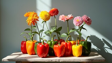 Vibrant bell peppers and flowers in sunlit display