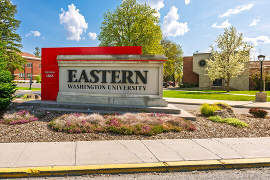 General view at early spring of Eastern Washington University sign and campus. EWU is a public university in Cheney, Washington State, 