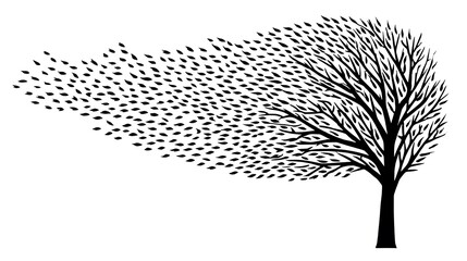 Stylized tree silhouette with leaves blowing in wind, minimalist design