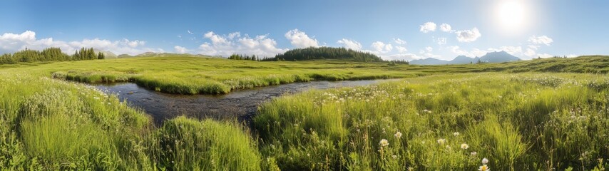 Obraz premium 360 degree hdr landscape of a serene stream in nature's green meadow