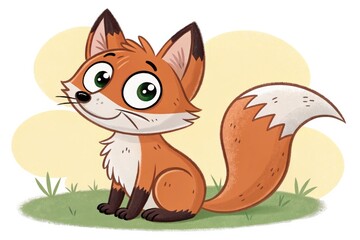 Cartoon Fox With Big Eyes Sitting in a Grassy Area Generative AI