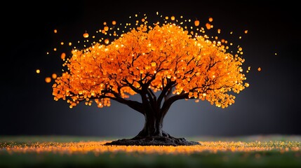 Glowing orange tree with falling lights, dark background