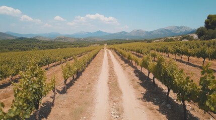 Obraz premium Dirt road between rows of vineyards stretching into the distance