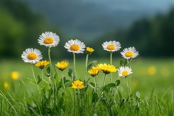 Colorful display of daisies and yellow flowers in a lush green meadow during a sunny day in spring