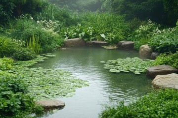 Serene pond surrounded by lush greenery in a tranquil garden during early morning fog