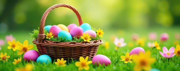 Wicker basket overflowing with colorful eggs, nestled amongst vibrant spring flowers on lush green grass , celebration, design