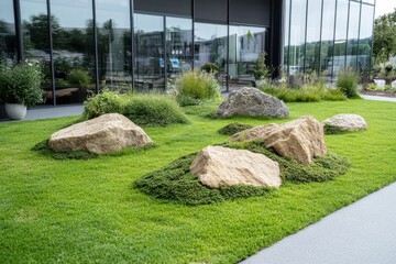 Fototapeta premium Rocks and lush greenery enhance modern landscape design in urban outdoor space