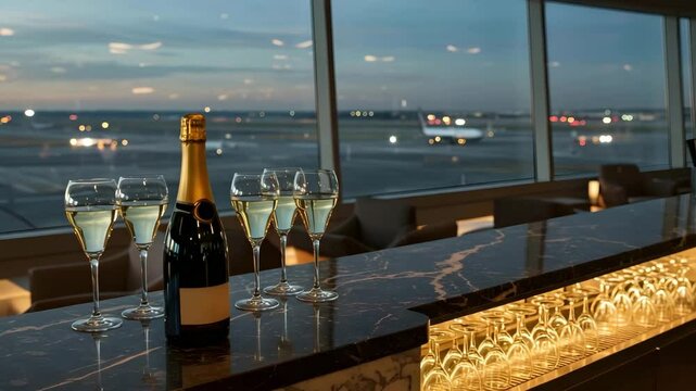 Champagne Bottles Celebrating with Glasses Against Airport Background  t in an airport lounge with an Airport Background  