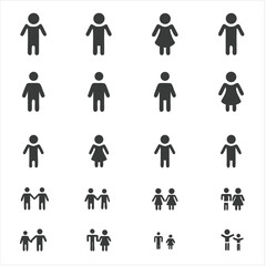 Family, relationship icon set. Vector glyph pictograms of couple, parent, child, elderly people