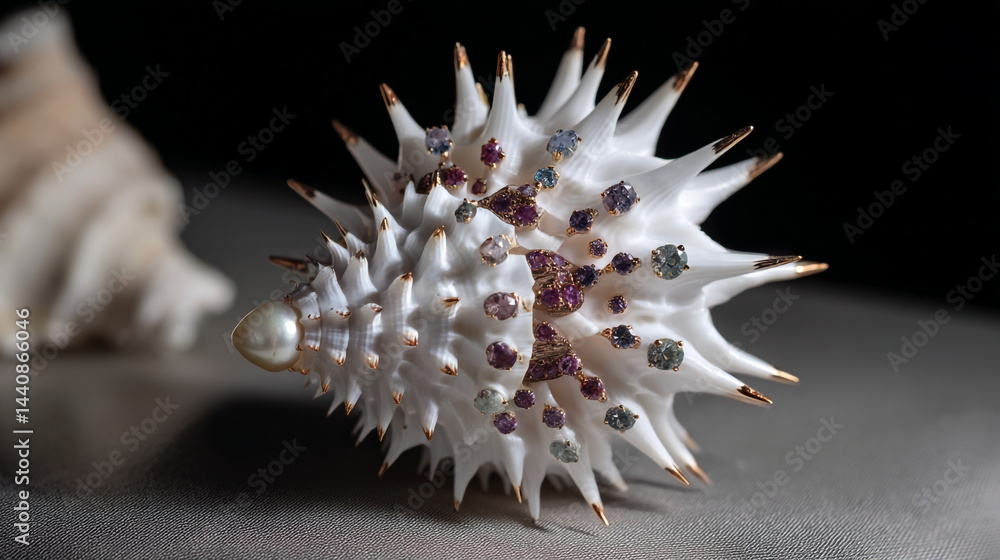 Poster close up of a spiky white shell adorned with gems and a pearl against a dark background setting