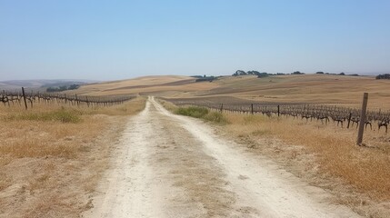 Obraz premium Dirt road between rows of vineyards stretching into the distance