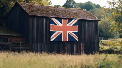Patriotic Barn: A rustic barn proudly displays the flag of United Kingdom, surrounded by lush green fields under a serene sky, evoking a sense of national pride and rural heritage.