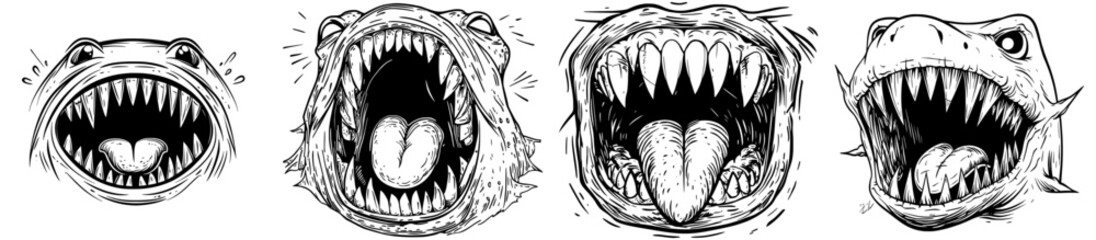 A modern cartoon illustration depicts a frightening monster mouth complete with sharp teeth and a long pink tongue that is dripping with saliva, making it perfect for Halloween projects