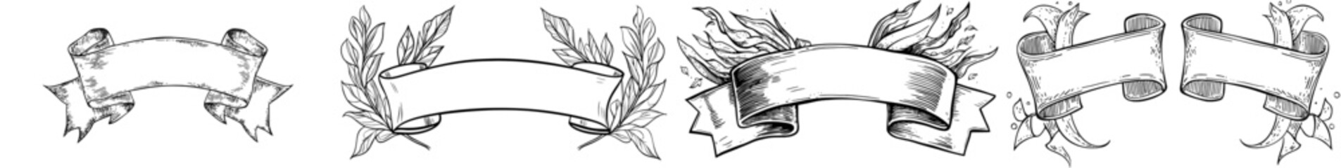 A hand-drawn, modern illustration of a double vintage ribbon banner is depicted waving gently in the wind, complete with ample space for text and adorned with elegant curves and decorative elements